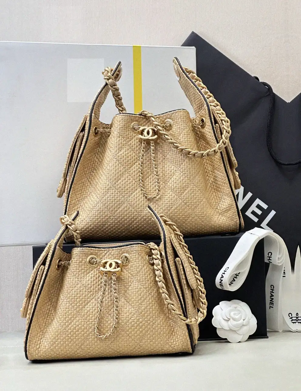 Counterfeit Chanel 25s small hobo drawstring bucket bag front view visual reference